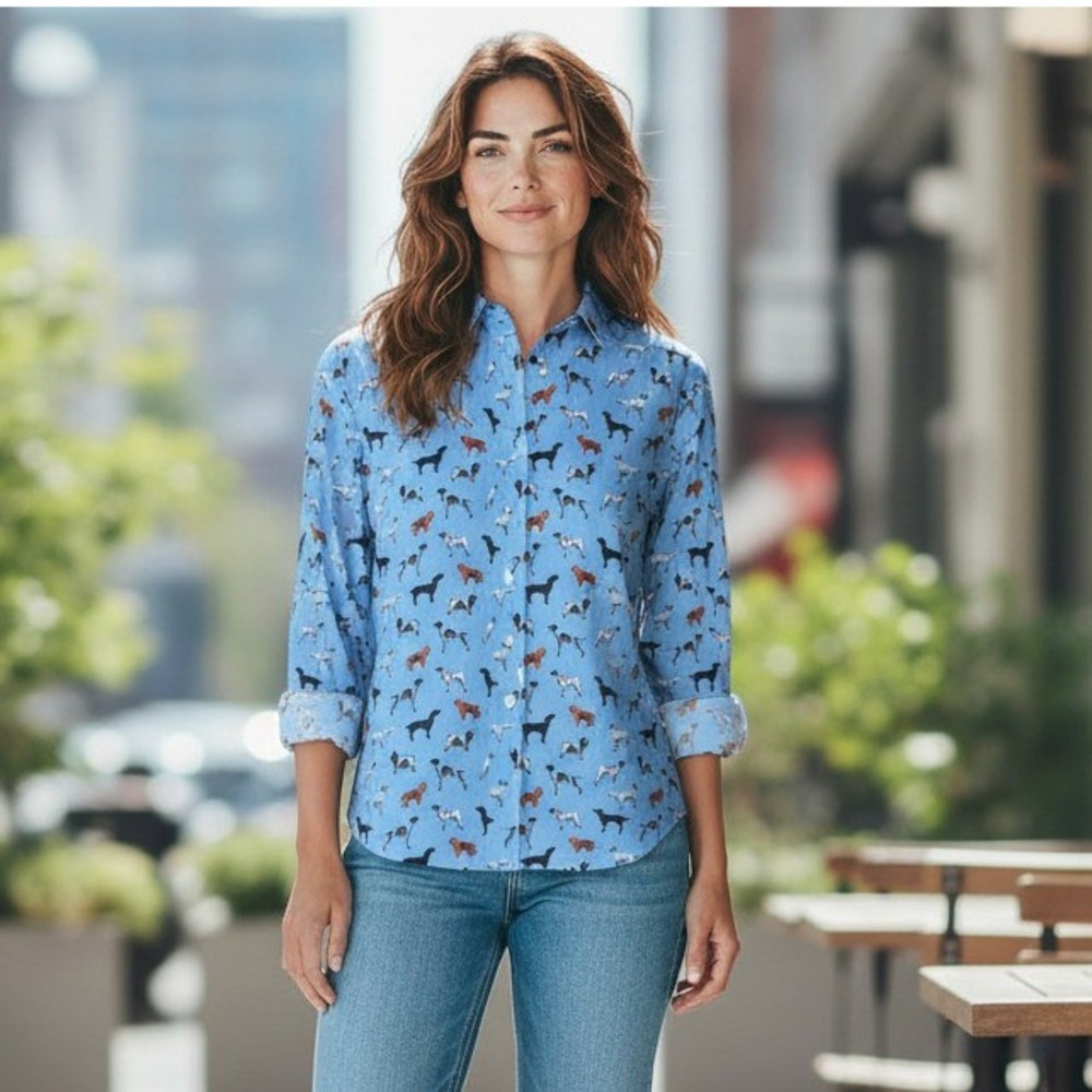 Kevins Finest Womens Blue Sporting Dog Print Shirt XXXL NWT MSRP $249